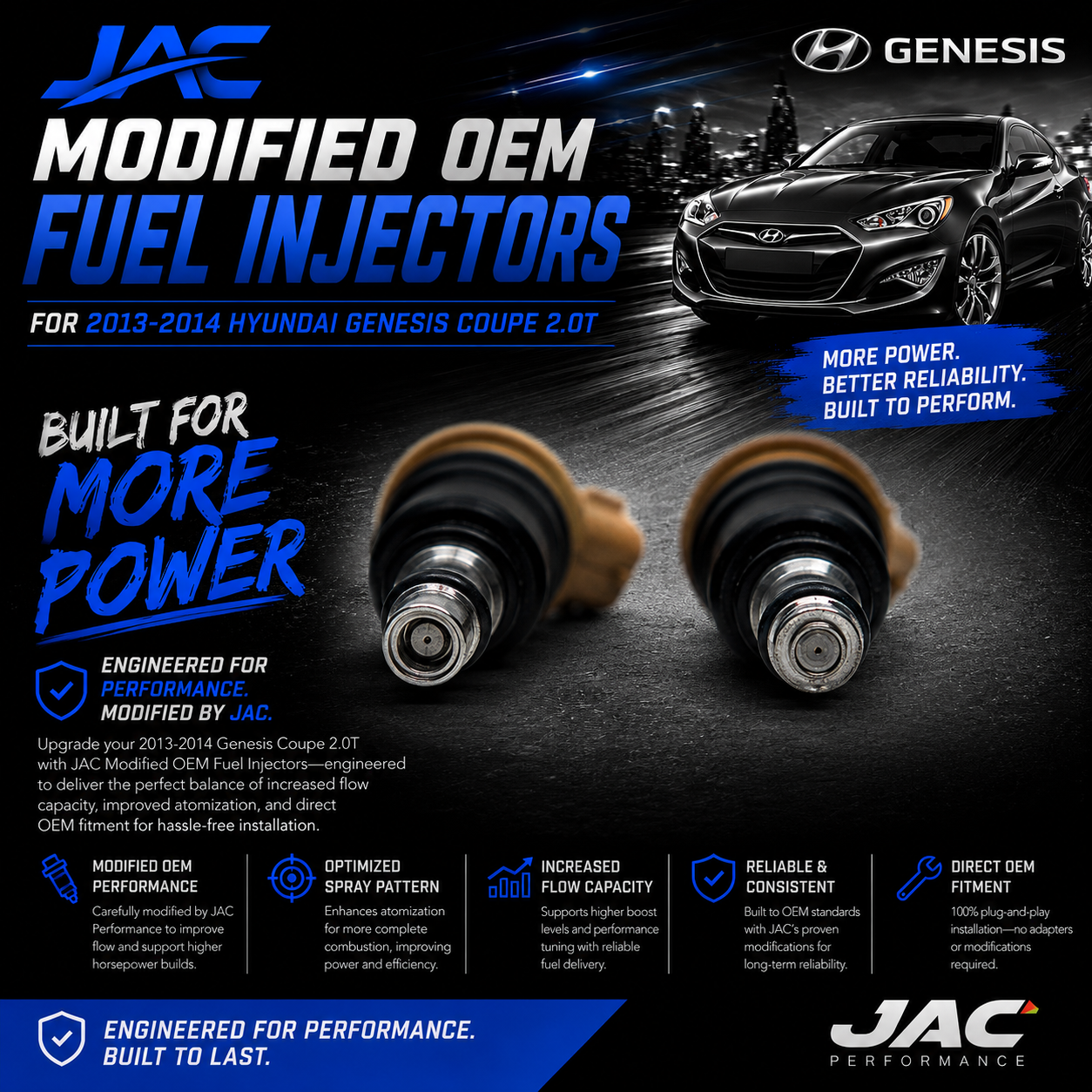 JAC Modified OEM 13-14 Hyundai Genesis Coupe 2.0T Fuel Injectors (No Tariffs within US)