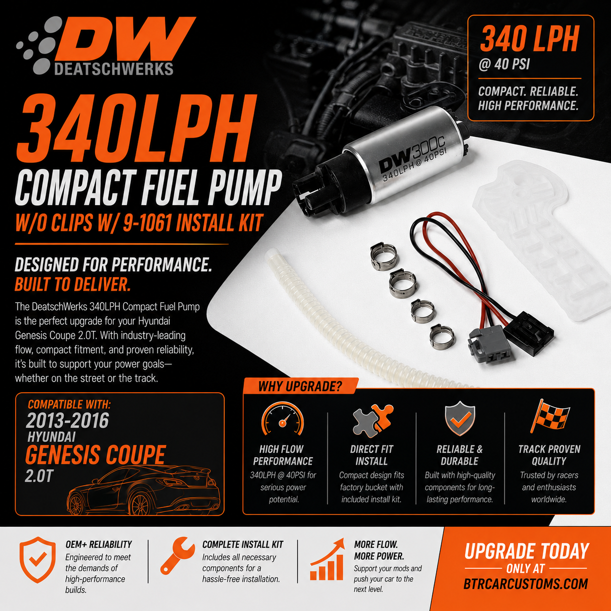 DeatschWerks Hyundai Genesis Coupe 2.0T 340lph Compact Fuel Pump w/o clips w/ 9-1061 install kit