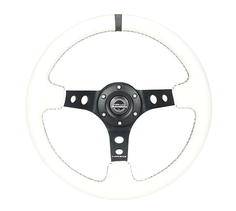 NRG Reinforced Steering Wheel (350mm/3in. Deep) White Leather w/Blk Spoke/Round Holes/White Stripes-thumbmail-7