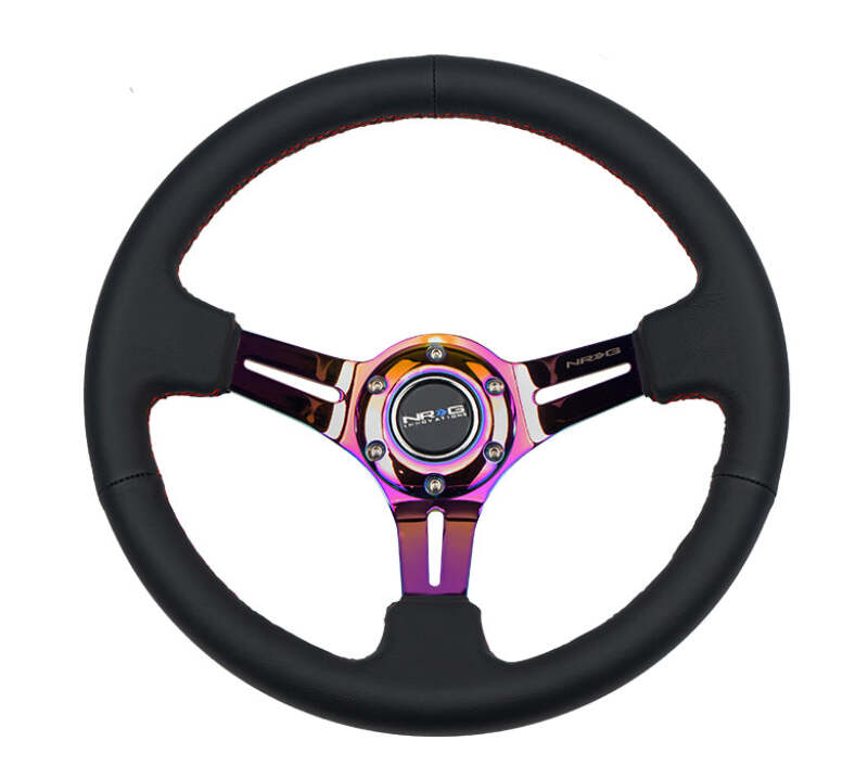 NRG Reinforced Steering Wheel (350mm / 3in. Deep) Blk Leather/Red Stitch w/Neochrome Slits-thumbmail-3