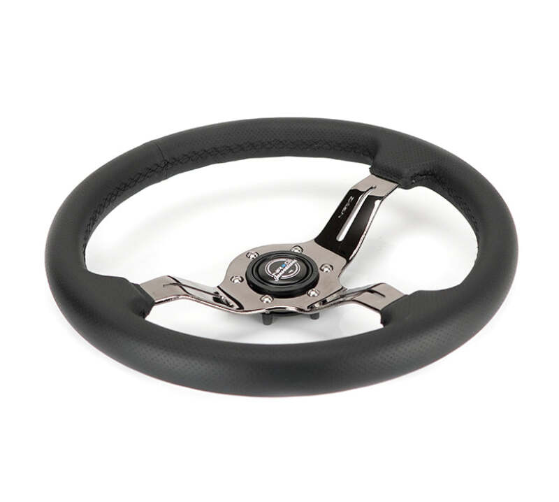 NRG Light Weight Gaming Steering Wheel - 350mm 3 Black Chrome Spokes Perforated Leather-thumbmail-3