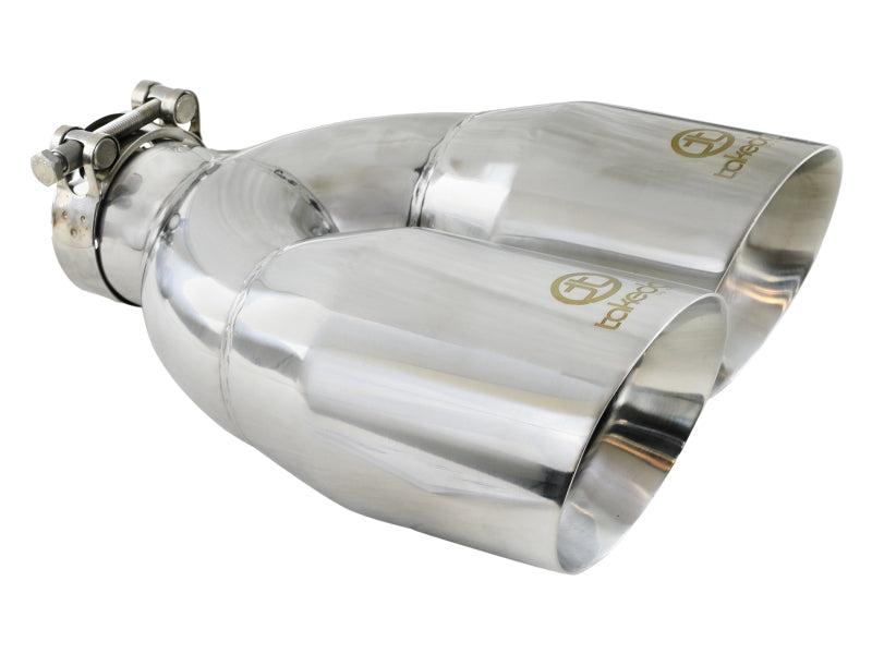aFe Takeda 2.5in 304 Stainless Steel Clamp-on Tip Passenger Side 2.5in Inlet 4inDual - Polished-thumbmail-1