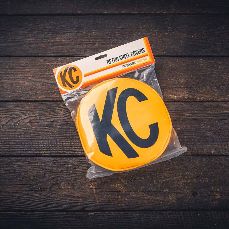 KC HiLiTES Retro 8in Round Yellow Vinyl Light Cover w/ Black KC Logo (Pair)-thumbmail-2
