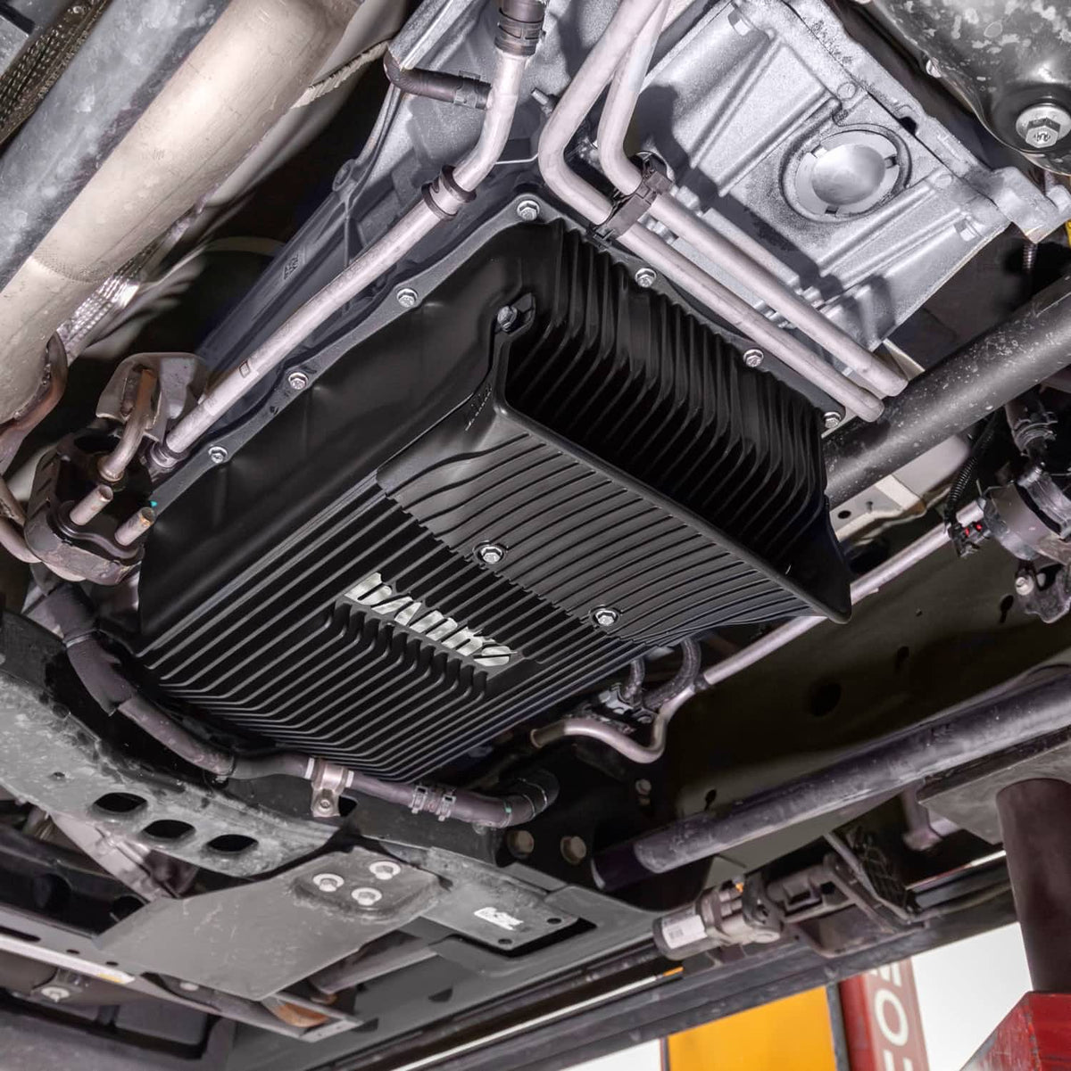 Banks 35148-B Ram-Air transmission pan installed close view