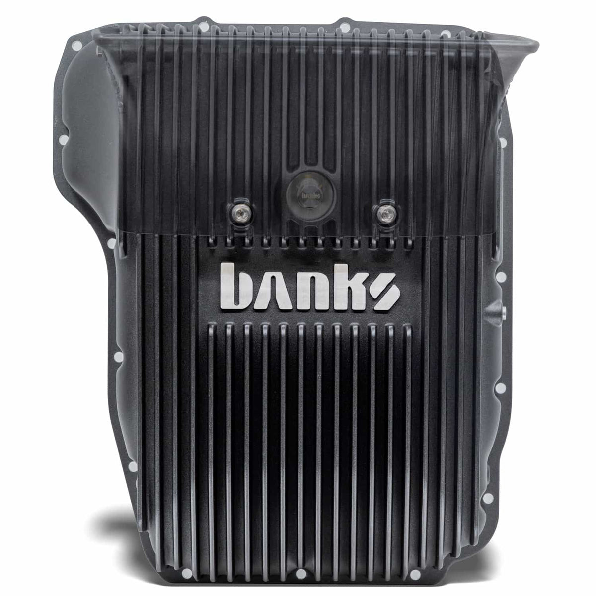 Banks 35170-B 68RFE Ram-Air transmission pan front view with scoop