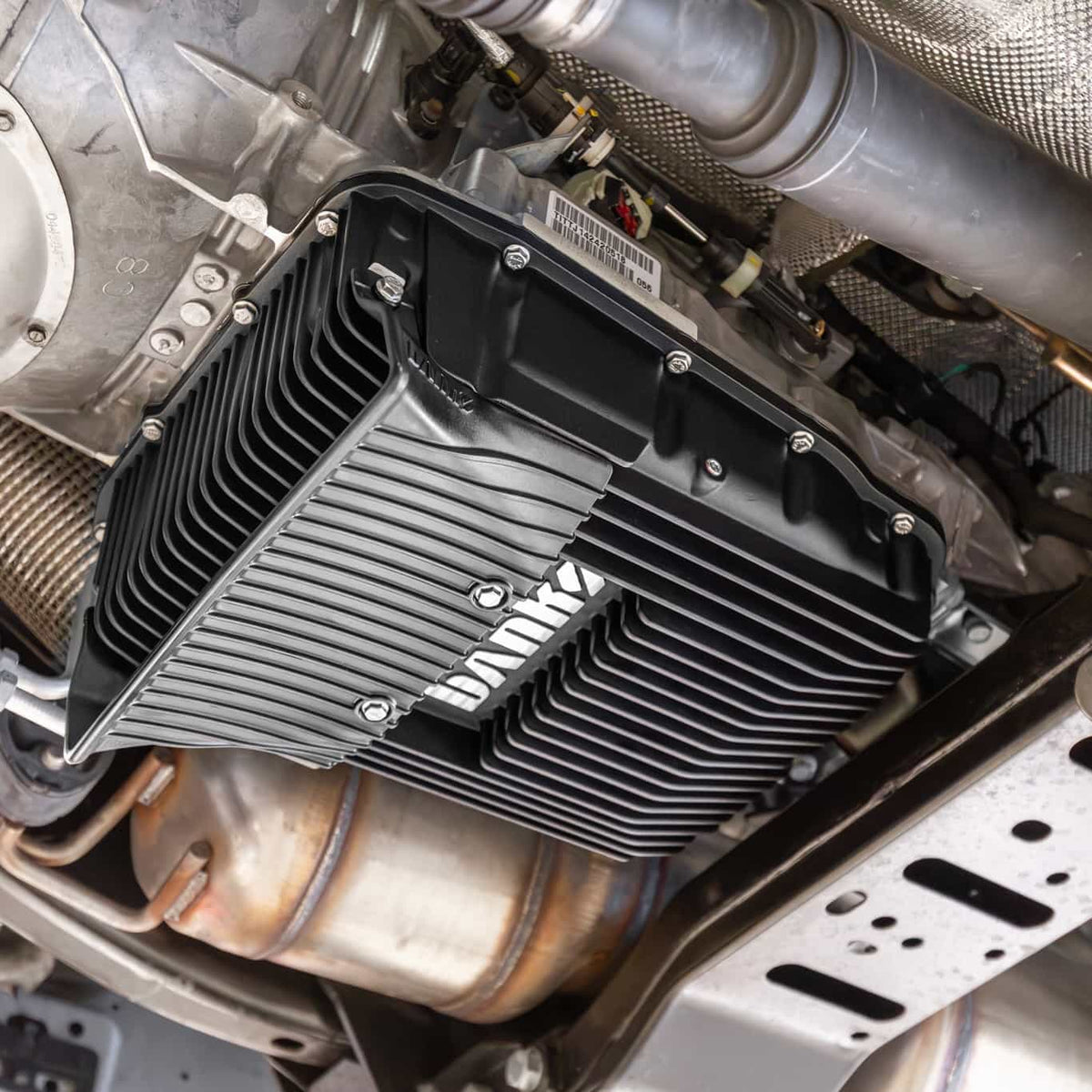Banks 35170-B 68RFE Ram-Air transmission pan three-quarter view
