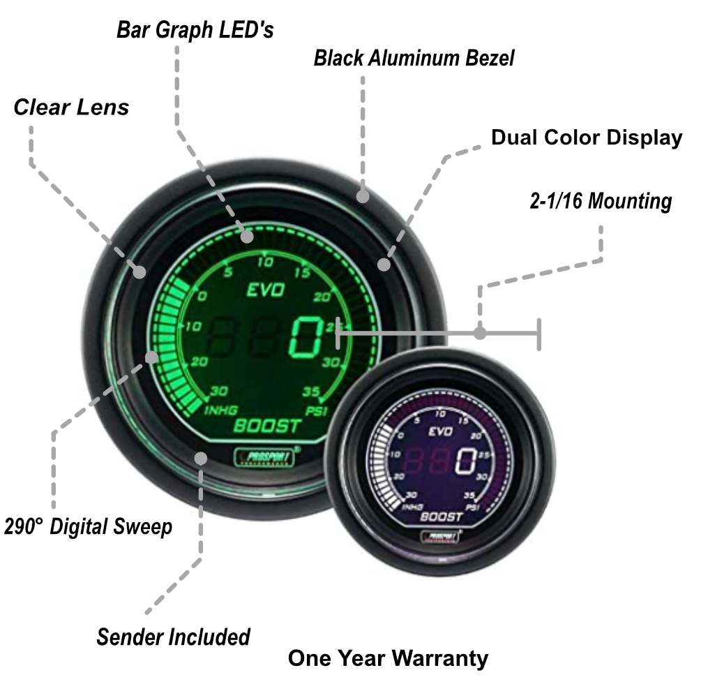 2-1/16" Evo Electrical Boost Gauge-Green and White-thumbmail-2