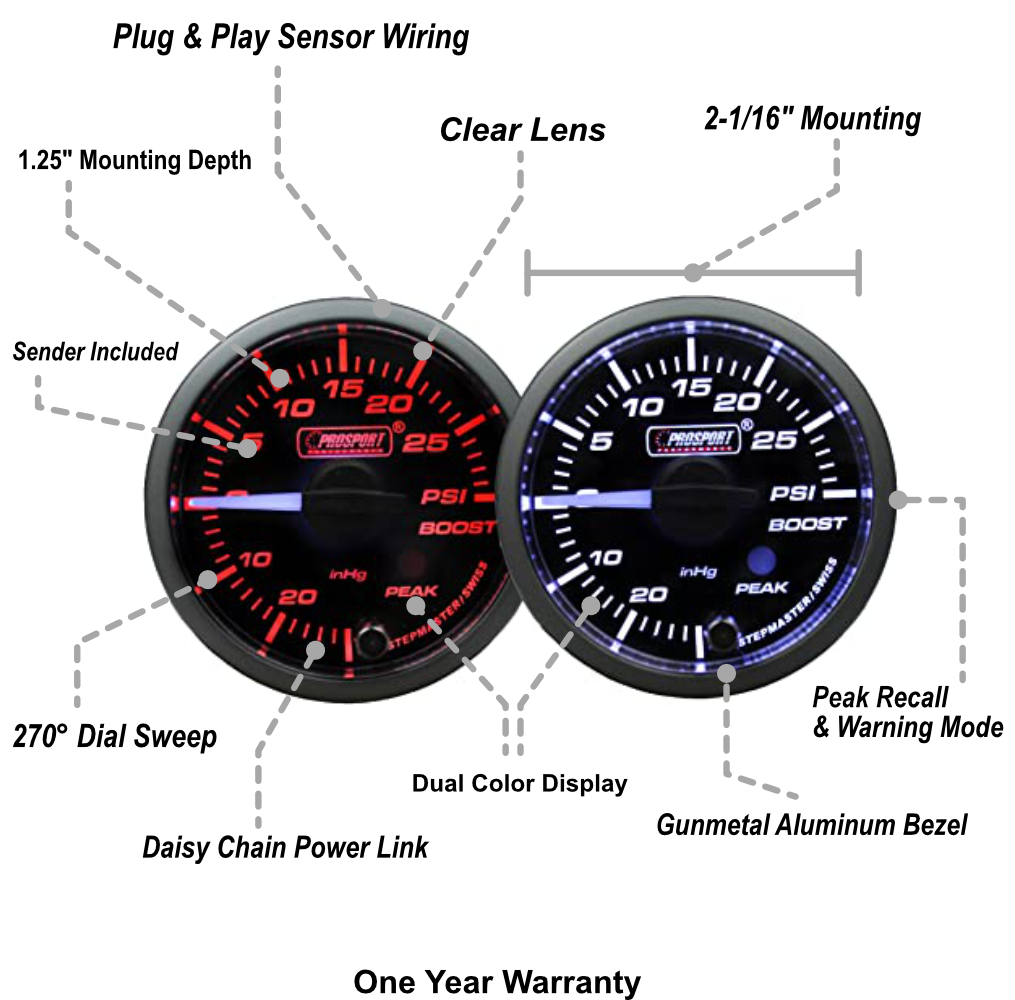 2-1/16" Premium White Pointer Clear Lens Boost gauge Amber/White-thumbmail-2