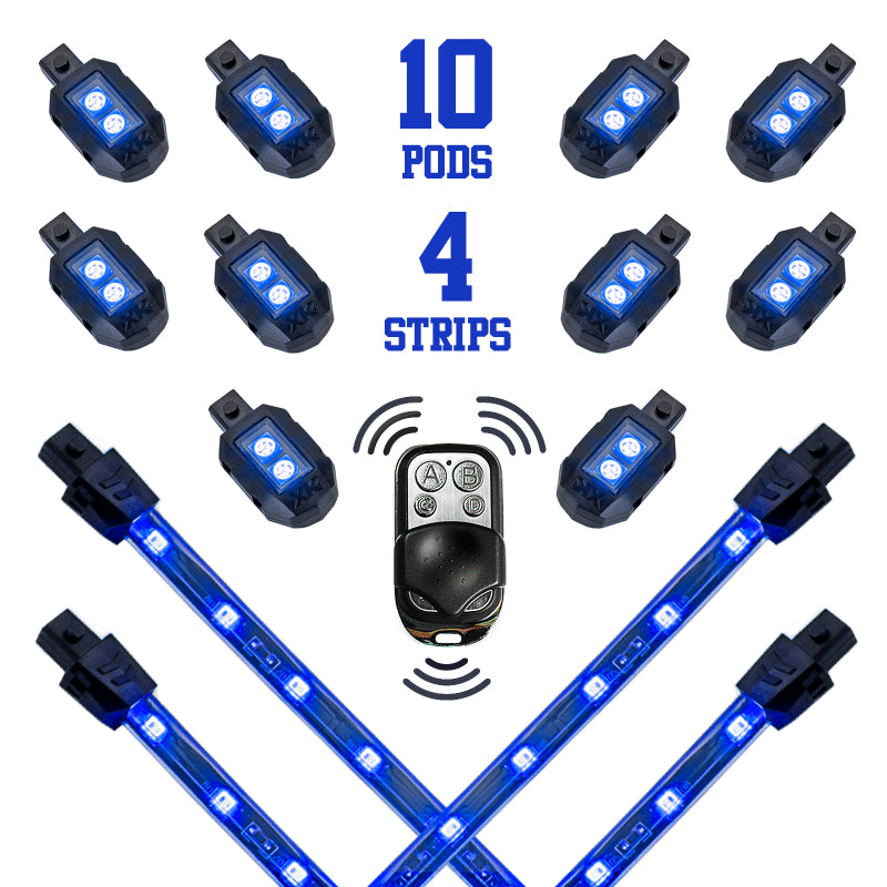 XK Glow Strips Single Color XKGLOW LED Accent Light Motorcycle Kit Blue - 10xPod + 4x8In-thumbmail-1