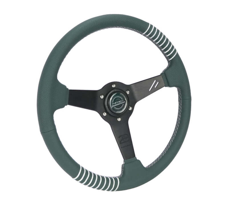 NRG Steering Wheel 1.5in Dish 350mm Black Perforated Leather - Emerald Stitching - Reinforced Spoke-thumbmail-7