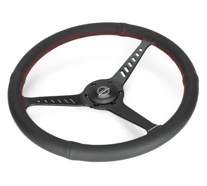NRG Reinforced Stealth Wheel (380mm) 3 Spoke Center - 1in Deep Dish - Perforated Leather Red Stitch-thumbmail-3