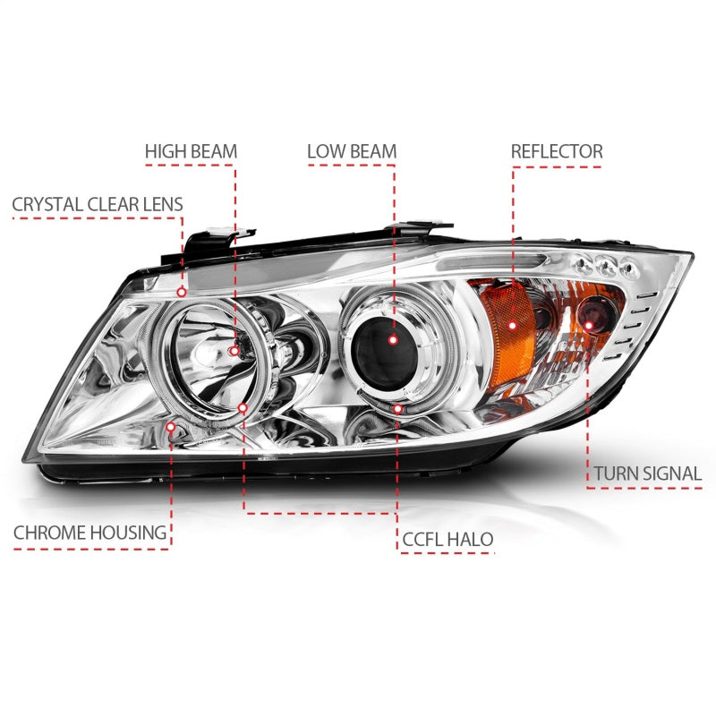 ANZO 2006-2008 BMW 3 Series E90-E91 Projector Headlights w/ Halo w/ LED Bar Chrome (CCFL)-thumbmail-18