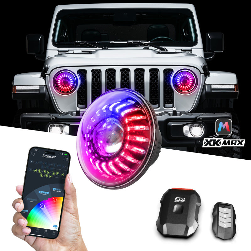 XK Glow 07-18 Jeep Wrangler JK 7in Headlight XKmax RGBW LED 2pc XKchrome Bluetooth App Cntl Kit-thumbmail-2