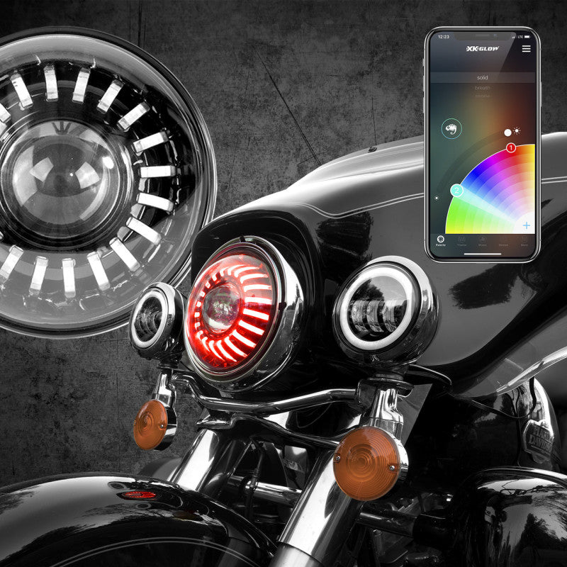 XK Glow 7In RGB LED Harley Headlight XKchrome Bluetooth App Controlled Kit-thumbmail-1