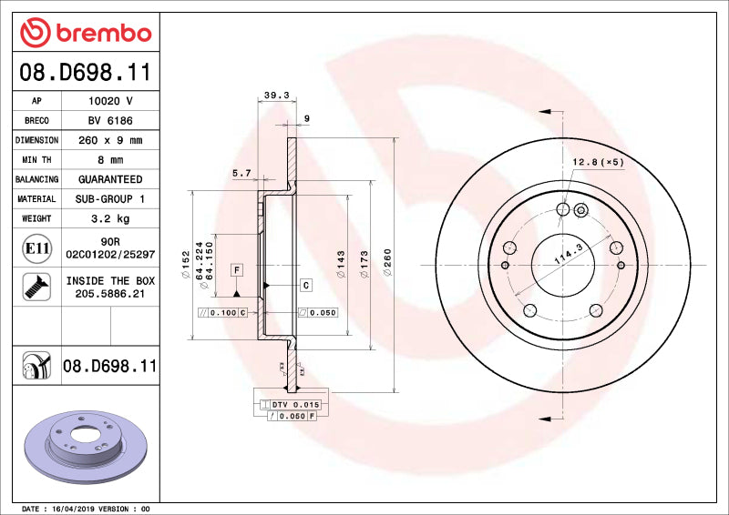 Brembo OE 16-24 Honda Civic/19-22 Insight UV Coated Brake Disc - Rear-thumbmail-1