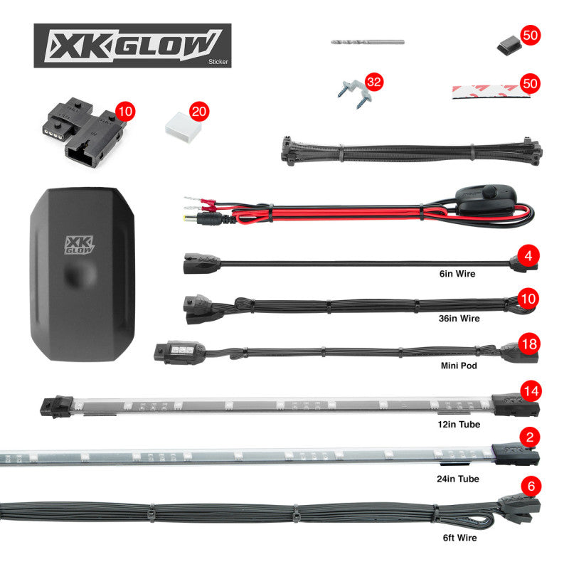 XK Glow Tube + 18xPods Million Color XKCHROME App Controlled Offroad UTV Kit 2x24In Tube + 14x12In-thumbmail-1