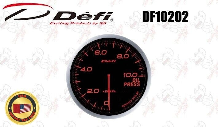 Defi DF10202 ADVANCE BF red oil pressure gauge illuminated view