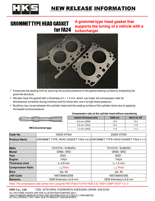 HKS Subaru FA20 0.8mm Thickness 11.8 CR Grommet Type Head Gasket-thumbmail-2
