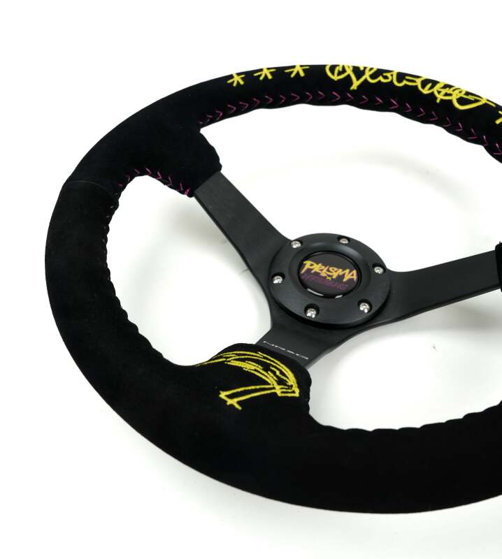NRG Reinforced Black Perforated Leather Steering Wheel 350mm / 3in Deep w/ NVR Embroidery-thumbmail-3