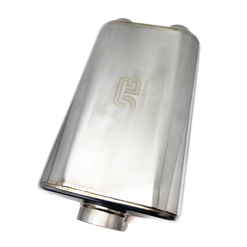 Stainless Bros 17in OAL 3in Oval SS304 Polished Finish Muffler - 3in Center In/2.5in Dual Out-thumbmail-1