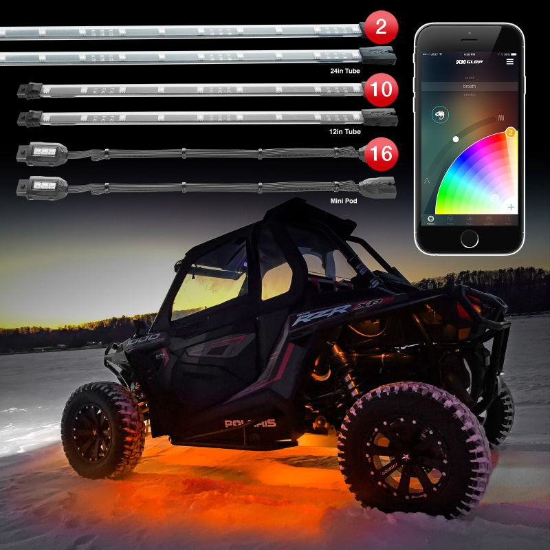 XK Glow Million Color XKCHROME App Controlled Offroad UTV Kit 2x24In Tube + 10x12In Tube + 16xPods-thumbmail-2