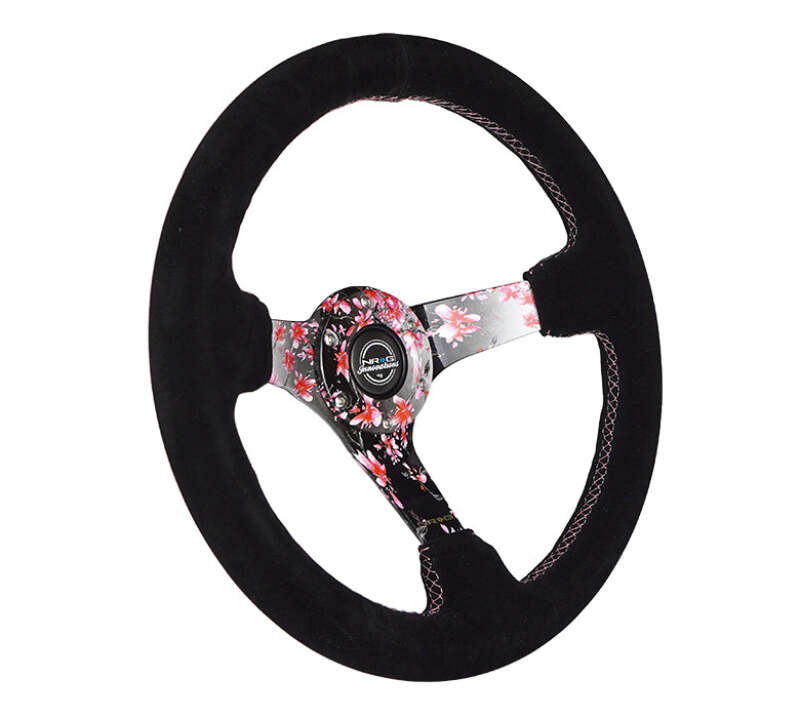 NRG Reinforced Steering Wheel (350mm) 3in Deep Pink Sakura Floral Solid Spoke - Black Suede/Stitch-thumbmail-3