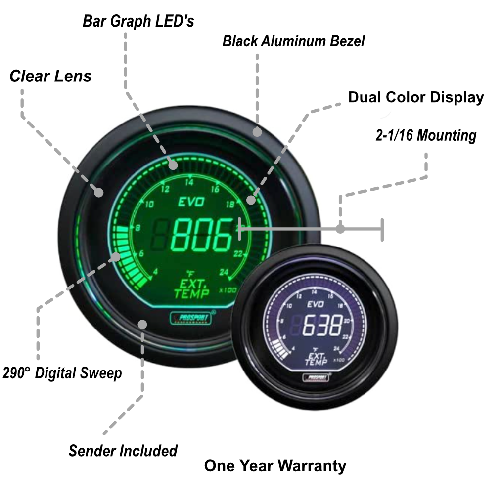 2-1/16" Evo Electrical Green and White Exhaust Gas Temperature Gauge--thumbmail-2