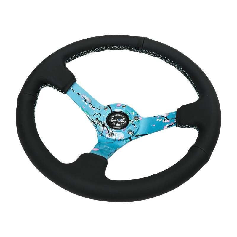NRG Reinforced Suede Steering Wheel (350mm / 3in. Deep) Hydro Dipped Blossom Floral w/ Teal Stitch-thumbmail-5