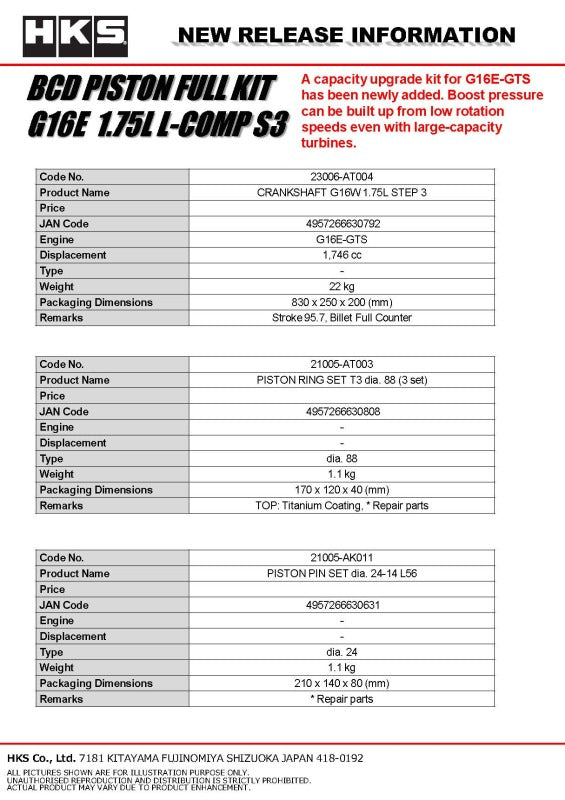HKS BCD Piston Kit G16E 1.75L L-Comp S3 D88-thumbmail-4