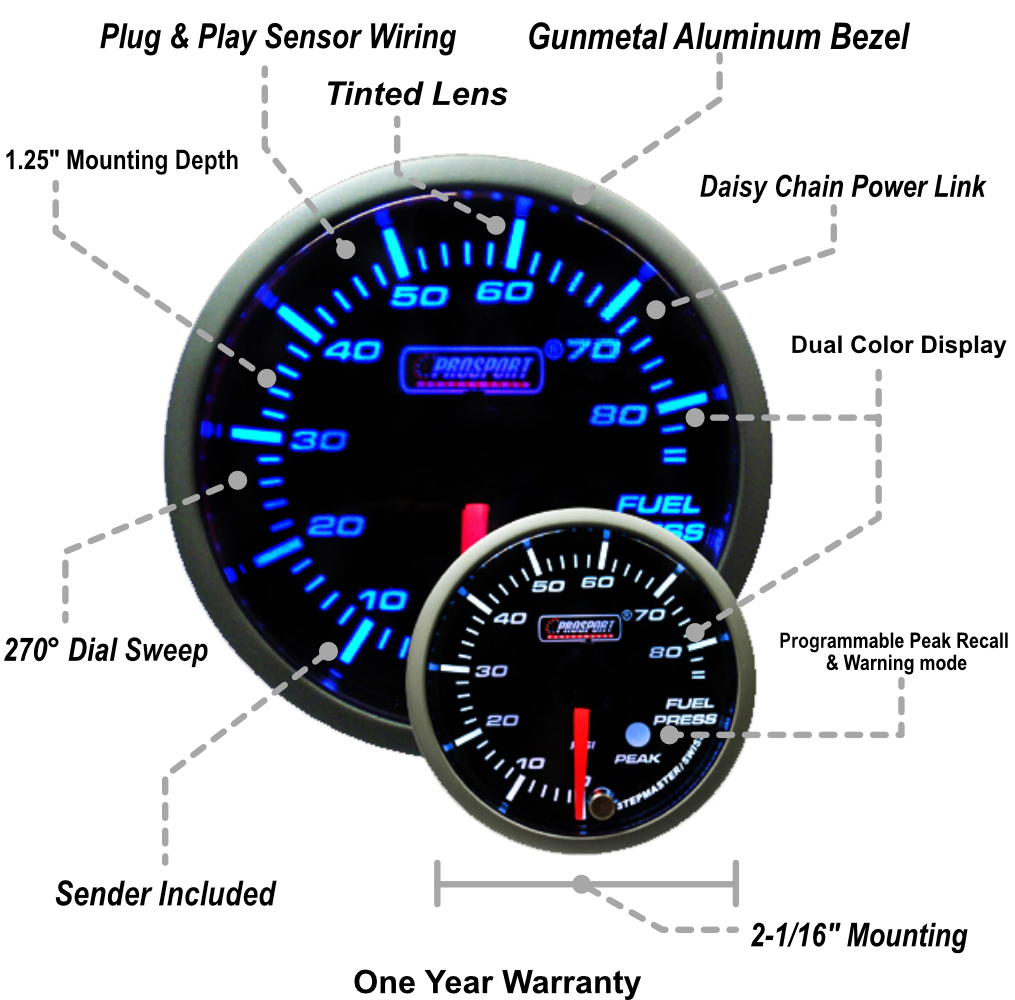 2-1/16" Premium Blue/White Fuel Pressure Gauge-thumbmail-2