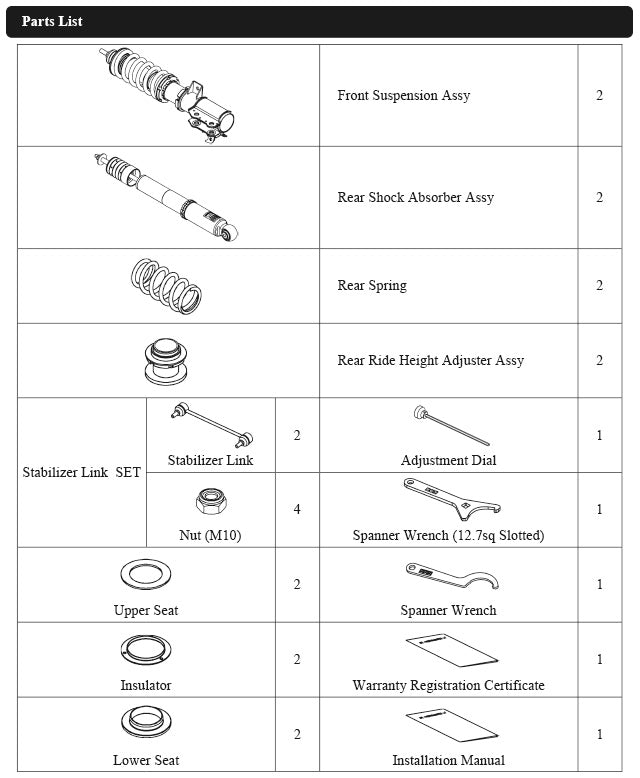 HKS 80330-AH002 HIPERMAX S complete parts list for Honda CR-Z ZF1