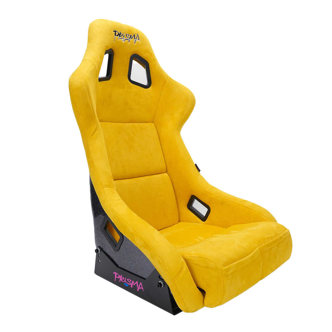 NRG Prisma mustard yellow medium bucket seat front three-quarter view