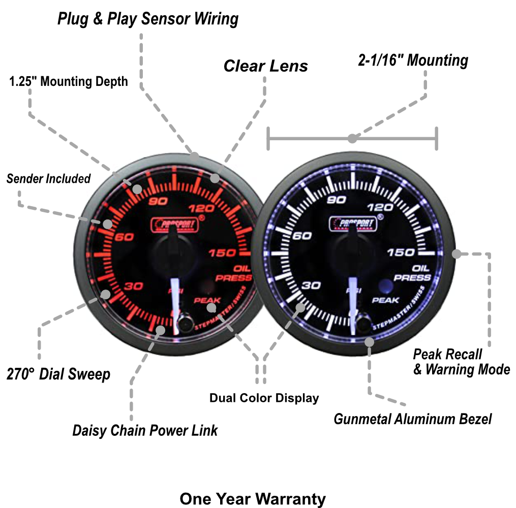 2-1/16" Premium White Pointer Clear Lens Amber/White Oil Pressure Gauge-thumbmail-2