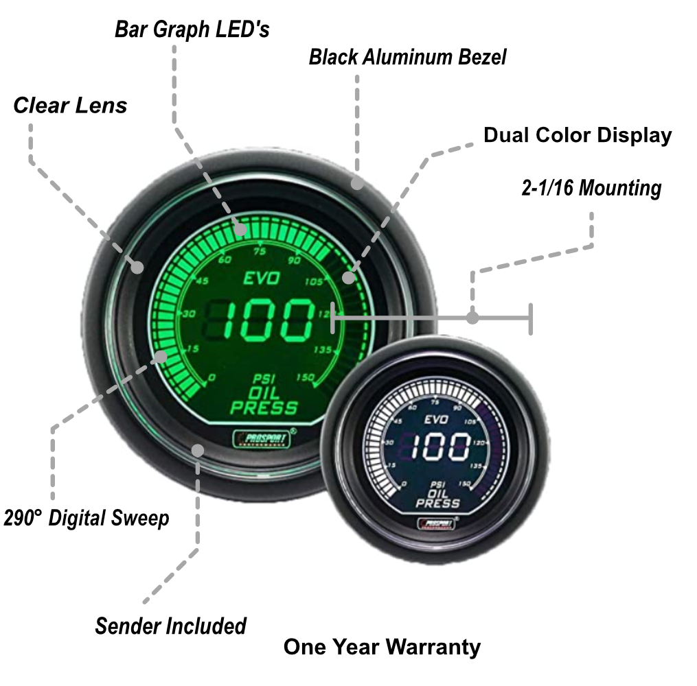 2-1/16" Evo Electrical Green/White Oil Pressure Gauge--thumbmail-2