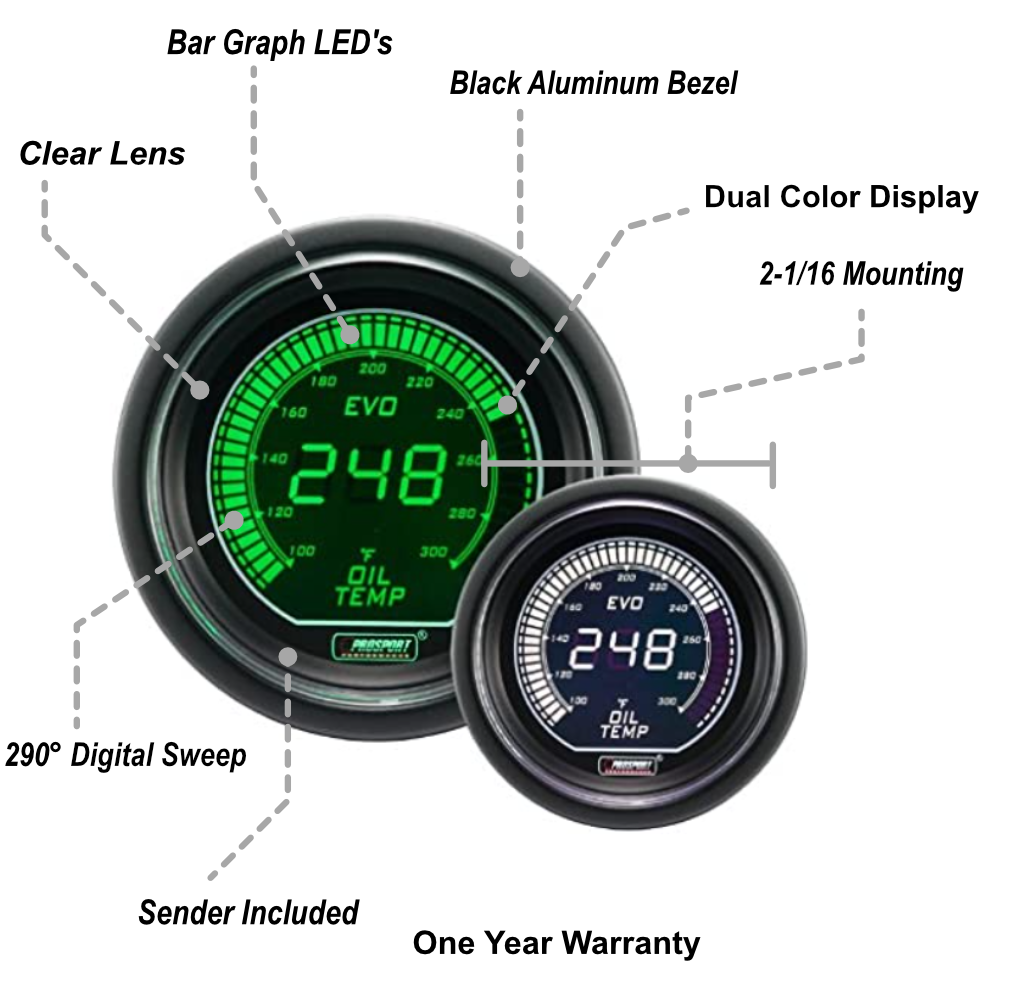 2-1/16" Evo Electrical Green and White Oil Temperature Gauge--thumbmail-2