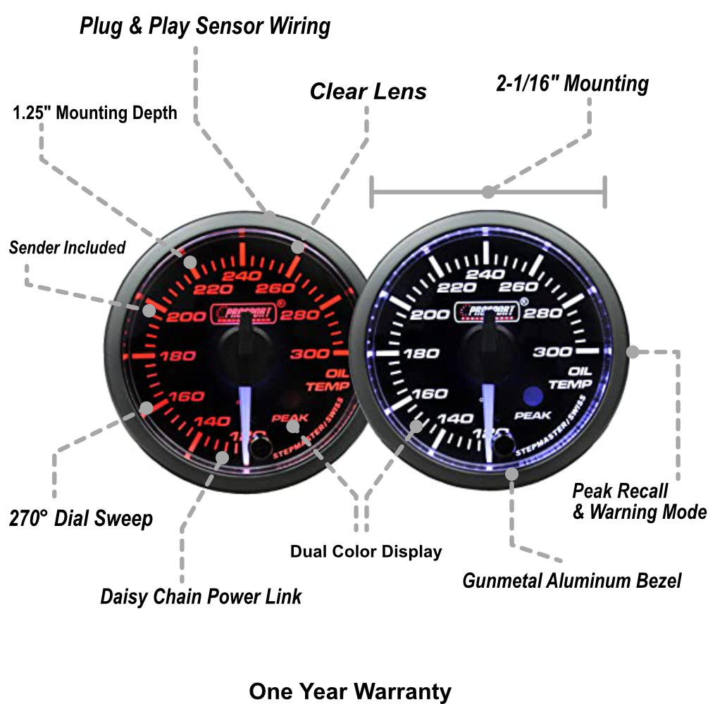 2-1/16" Premium White pointer Clear Lens Amber/White Oil Temperature Gauge--thumbmail-2
