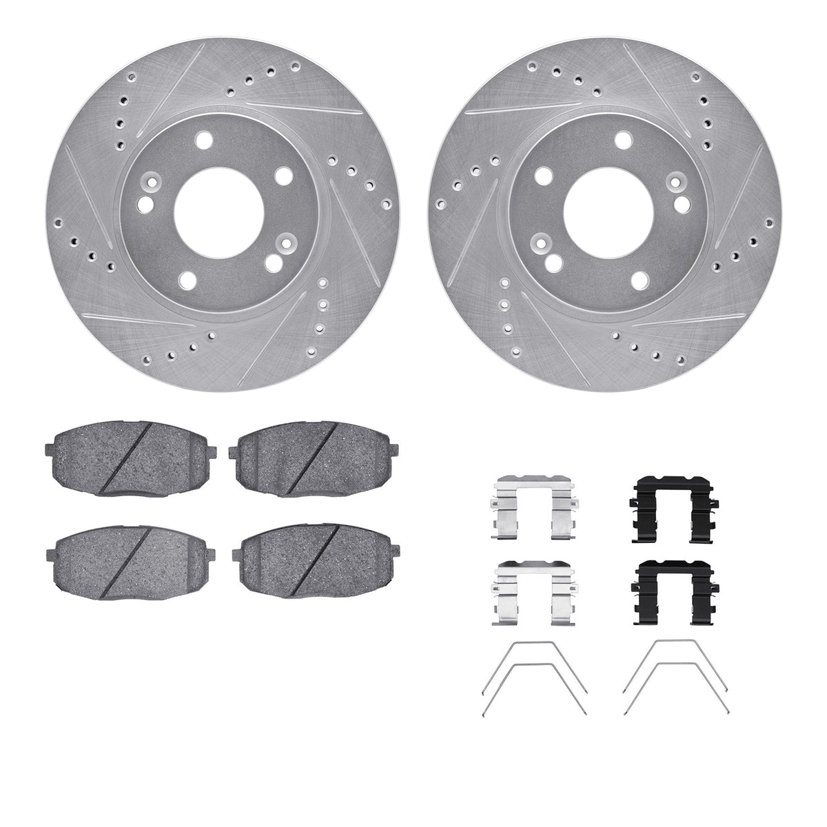 R1 Concepts WGUH1-03074 front drilled and slotted silver brake rotor kit — two rotors, four Optimum OE pads and hardware, overhead view
