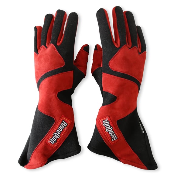 RaceQuip 358102RQP SFI-5 red and black long gauntlet gloves, small, manufacturer view 1