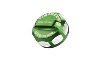 Sinister Diesel SD-FC-FUEL-U-GRN green billet fuel cap angled top view