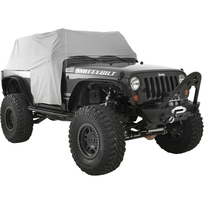 Smittybilt 1068 gray cab cover with door flaps on Jeep Wrangler JK, front view
