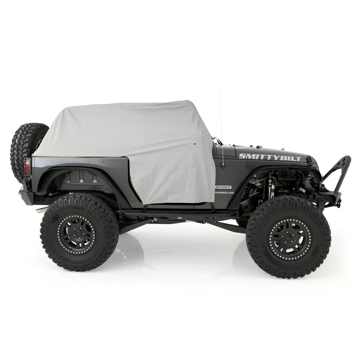 Smittybilt 1068 gray cab cover with door flaps on Jeep Wrangler JK, side view