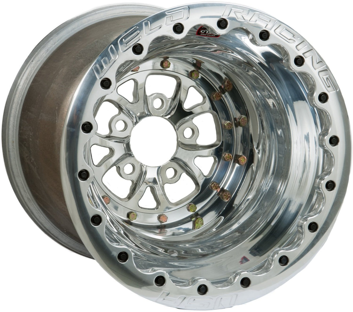 Weld V-Series 84P-616280UP double-beadlock wheel — 16x16, 5x4.75 bolt pattern, 5-inch backspacing, polished center, shell and rings, angled front view