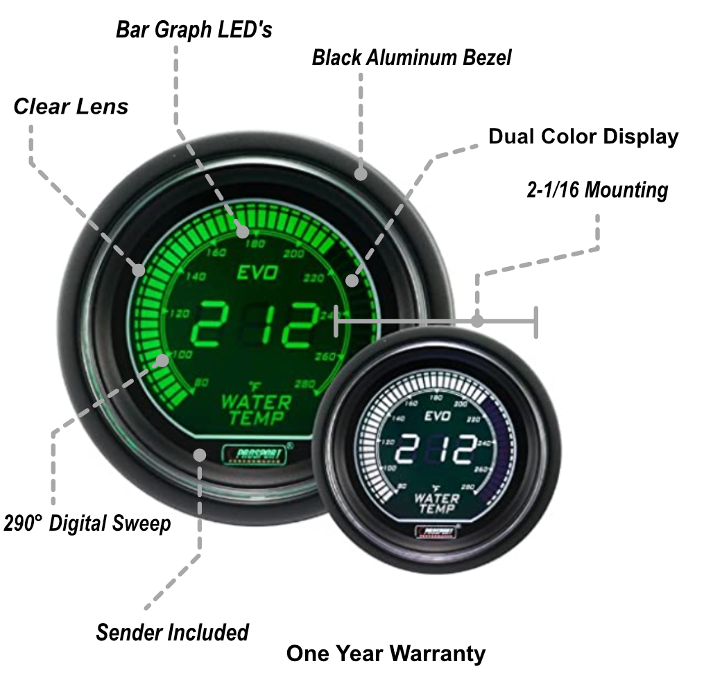 2-1/16" Evo Electrical Green and White Water Temperature Gauge--thumbmail-2