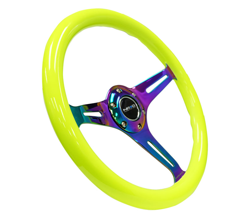 NRG Classic Wood Grain Steering Wheel (350mm) Neon Yellow Color w/Neochrome Spokes-thumbmail-1