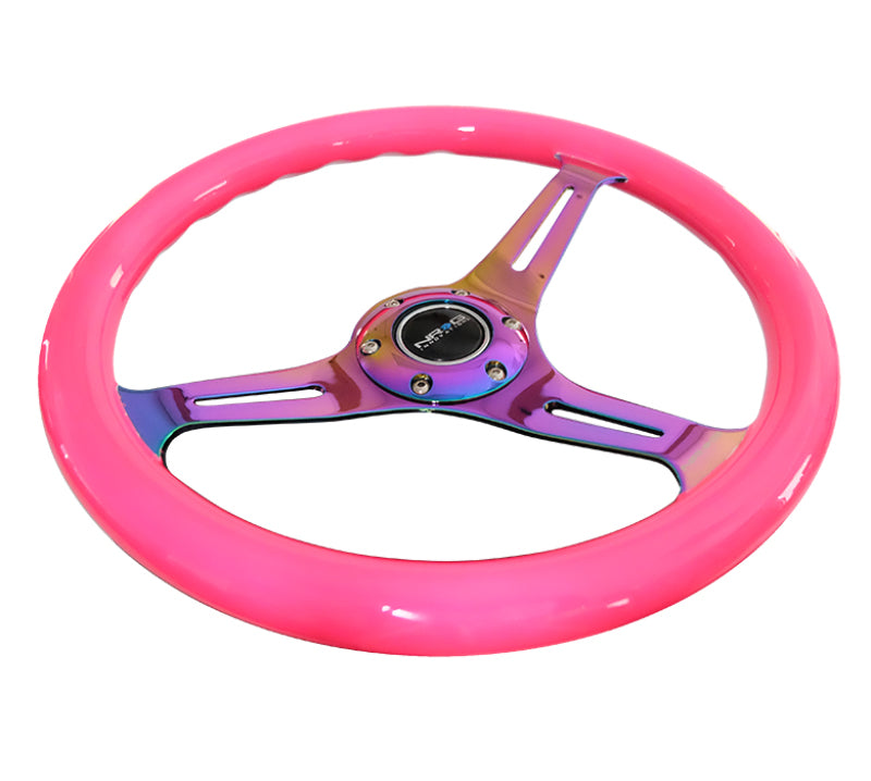 NRG Classic Wood Grain Steering Wheel (350mm) Neon Pink Painted Grip w/Neochrome 3-Spoke Center-thumbmail-1
