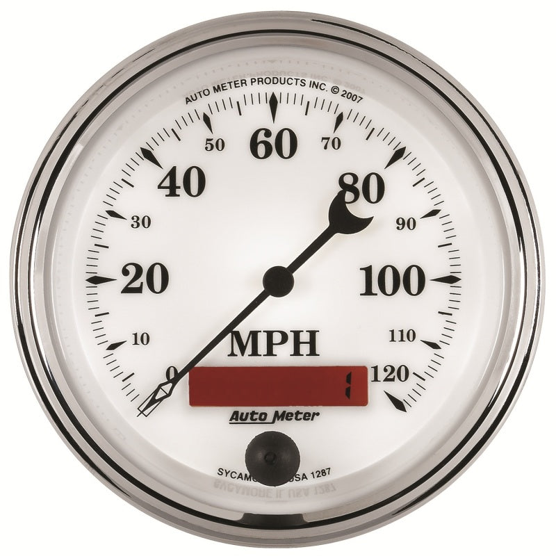 AutoMeter Gauge Speedometer 3-3/8in. 120MPH Elec. Prog. W/ Lcd Odo Old Tyme Wht II-thumbmail-1