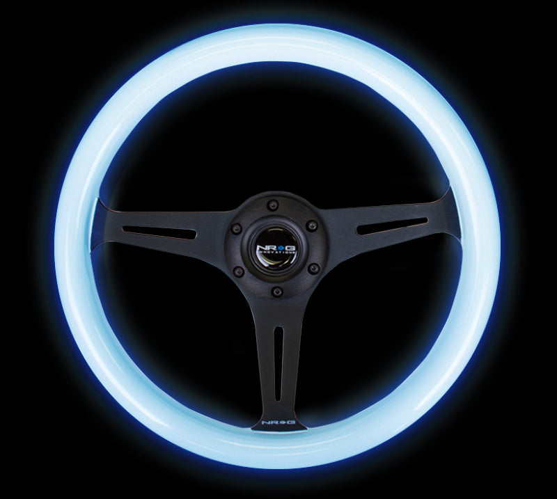 NRG Classic Wood Grain Steering Wheel (350mm) Glow-In-The-Dark Blue Grip w/Black 3-Spoke Center-thumbmail-1