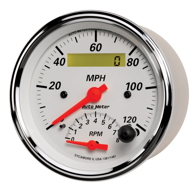 AutoMeter Gauge Tach/Speedo 3-3/8in. 120MPH & 8K RPM Elec. Program. Arctic White-thumbmail-2