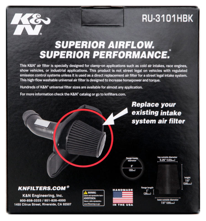 K&N Universal Rubber Filter Round Tapered 6in Flange ID x 7.5in Base OD x 5.25in Top OD x 8in Height-thumbmail-2