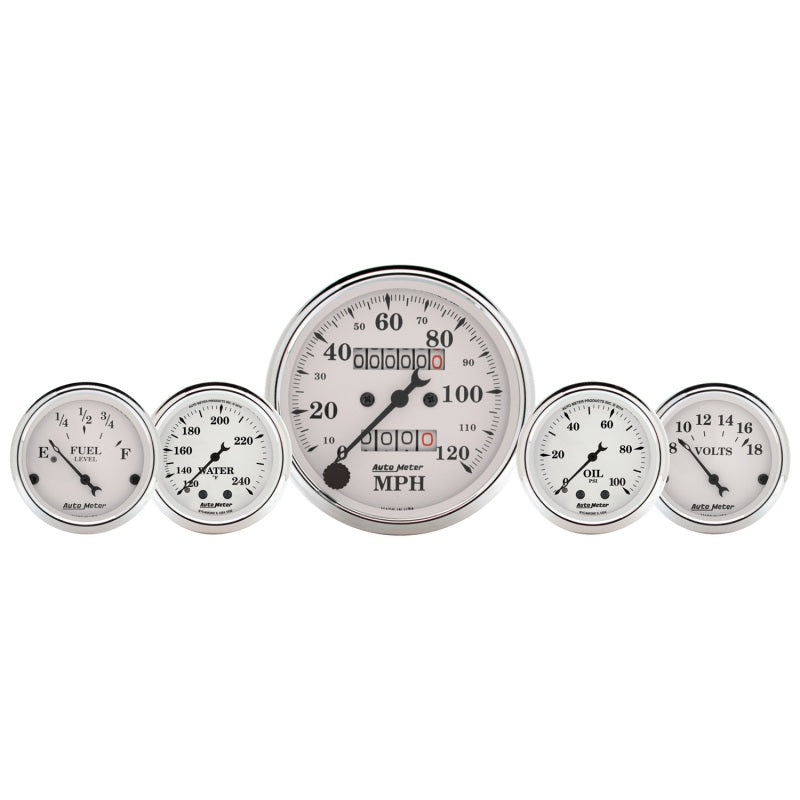 AutoMeter Gauge Kit 5 Pc. 3-1/8in. & 2-1/16in. Mech. Speedo. Wtmp & Oilp Old Tyme Wht-thumbmail-1